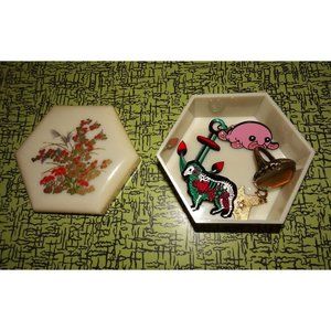 Vintage Hexagon Shape Plastic Floral Trinket Box 1970s stash box antique